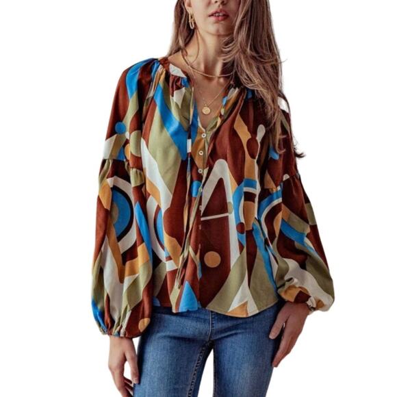 August Sky for Anthropologie Brown Abstract Print Long Sleeve Blouse Top Size M - Picture 1 of 6
